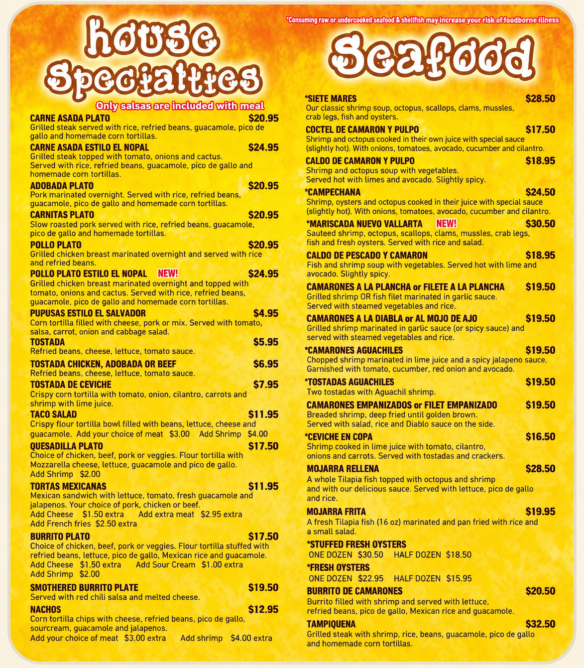 Taqueria El Nopal menu — House Specialties and Seafood with prices