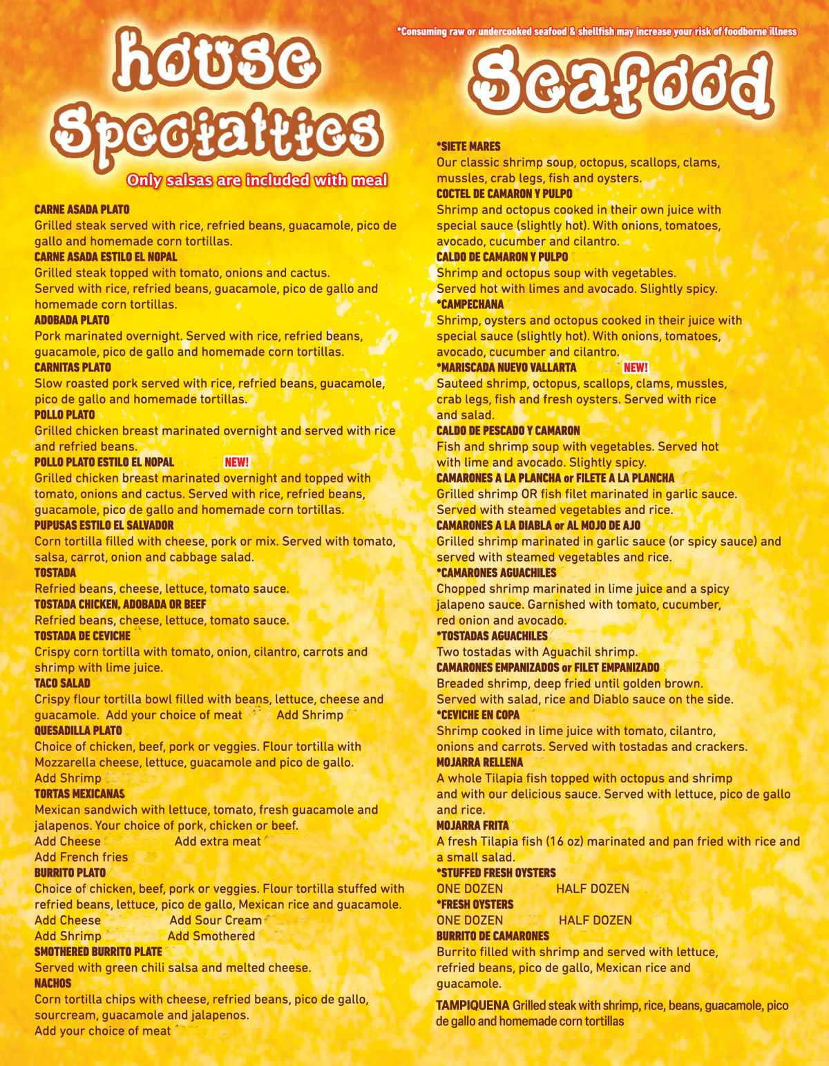Taqueria El Nopal menu — House Specialties and Seafood