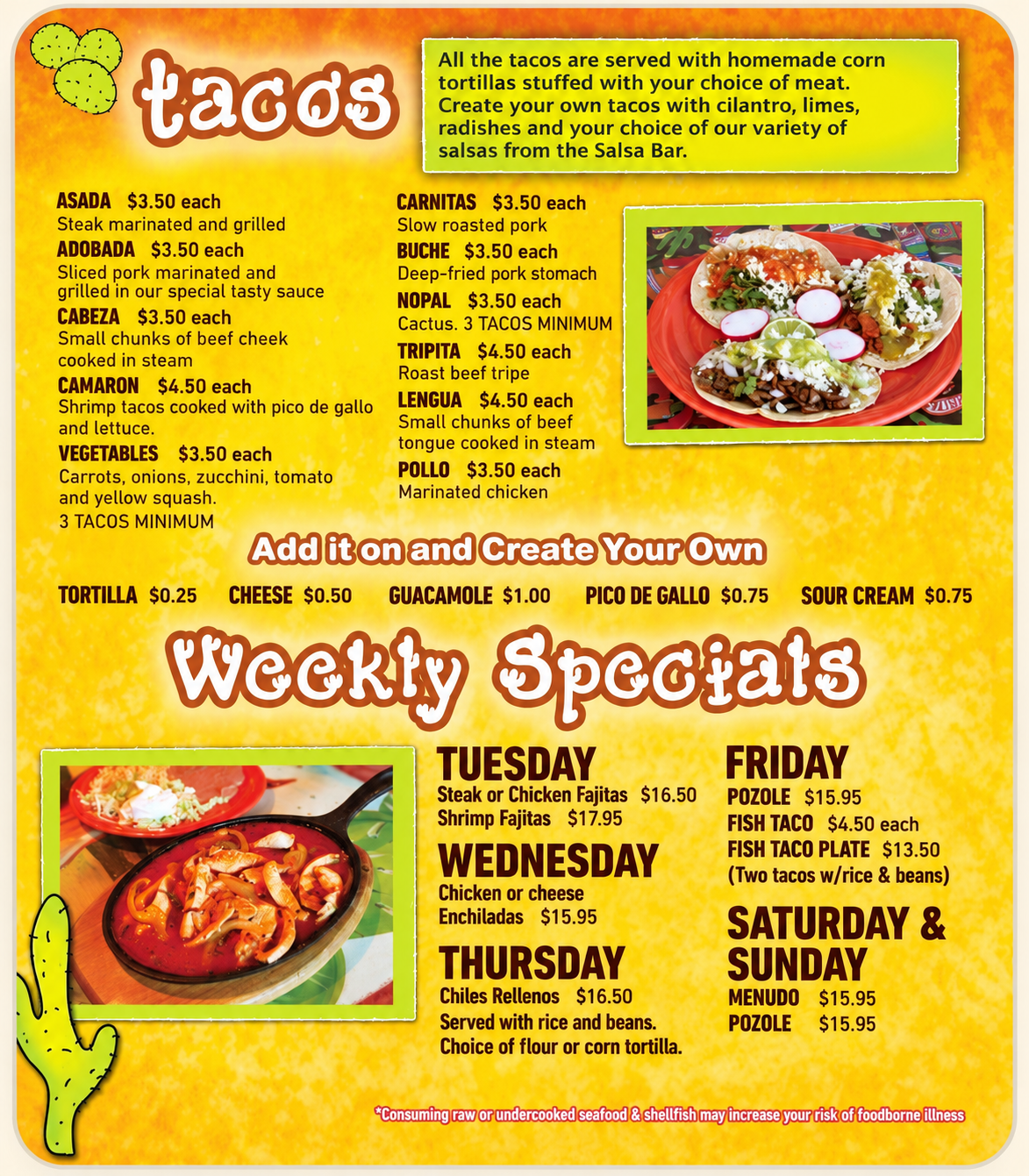 Taqueria El Nopal menu — Tacos and Weekly Specials with prices