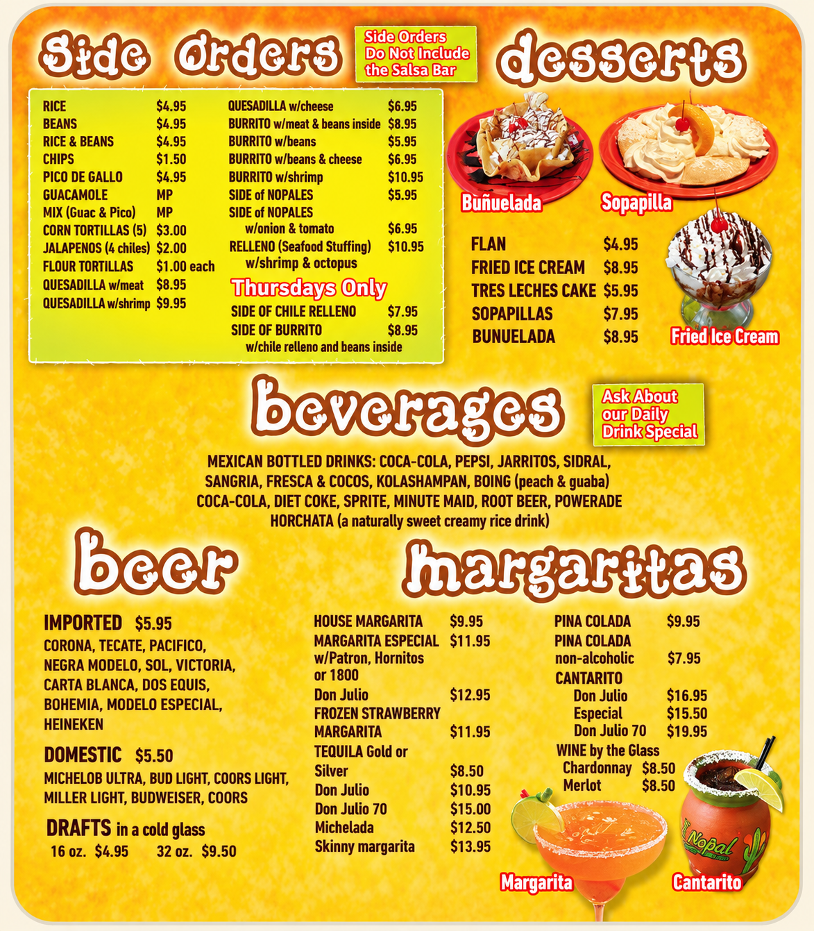 Taqueria El Nopal menu — Side Orders, Desserts, Beverages, Beer, and Margaritas with prices