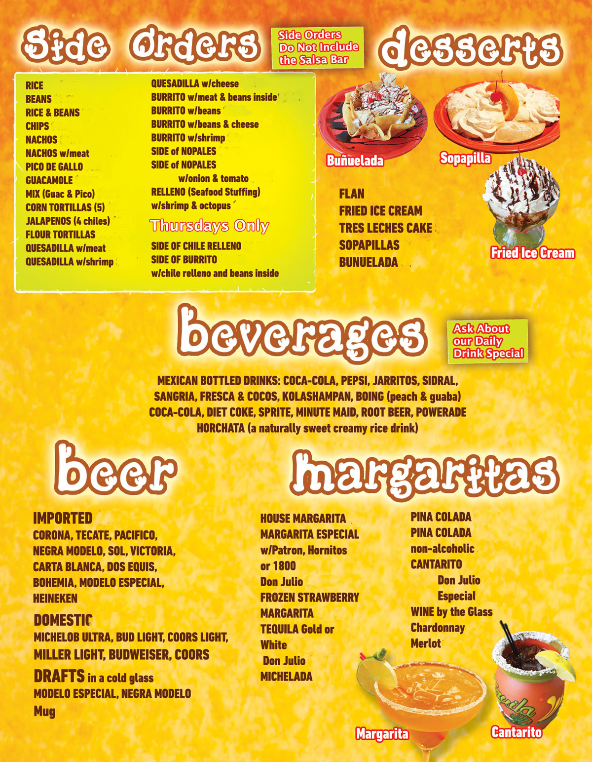 Taqueria El Nopal menu — Side Orders, Desserts, Beverages, Beer, and Margaritas