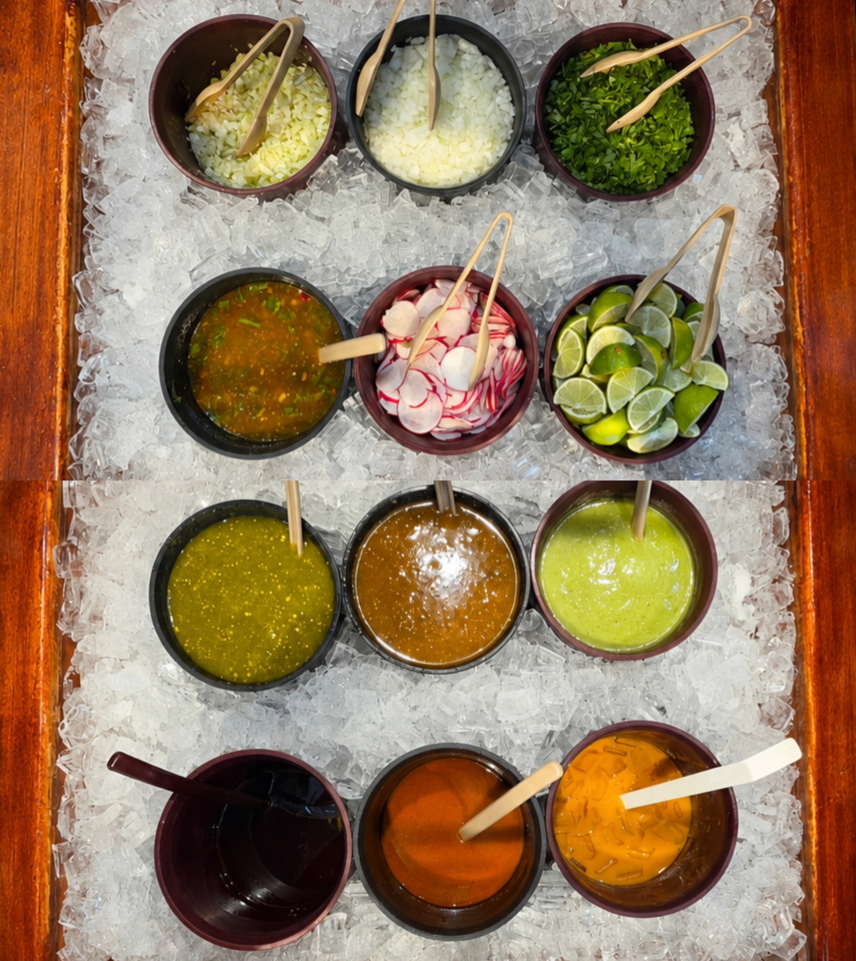 Homemade salsa bar with fresh salsas, cilantro, onions, radishes, and limes on ice